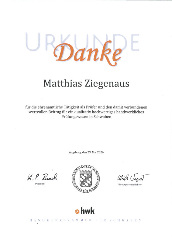 Urkunde HWK für Matthias Ziegenaus